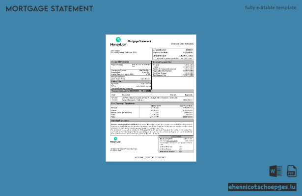 USA Moneylion Bank Hypothekenabrechnung in Word- und PDF-Formaten – Beispielvorschau